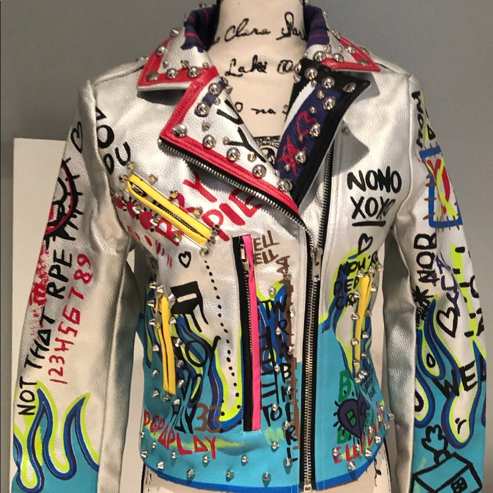 ❌SOLD❌ NWT Graffiti Punk, Rock & Roll Multi Color Graphic Spike & Rivet Moto,XL - Picture 1 of 16